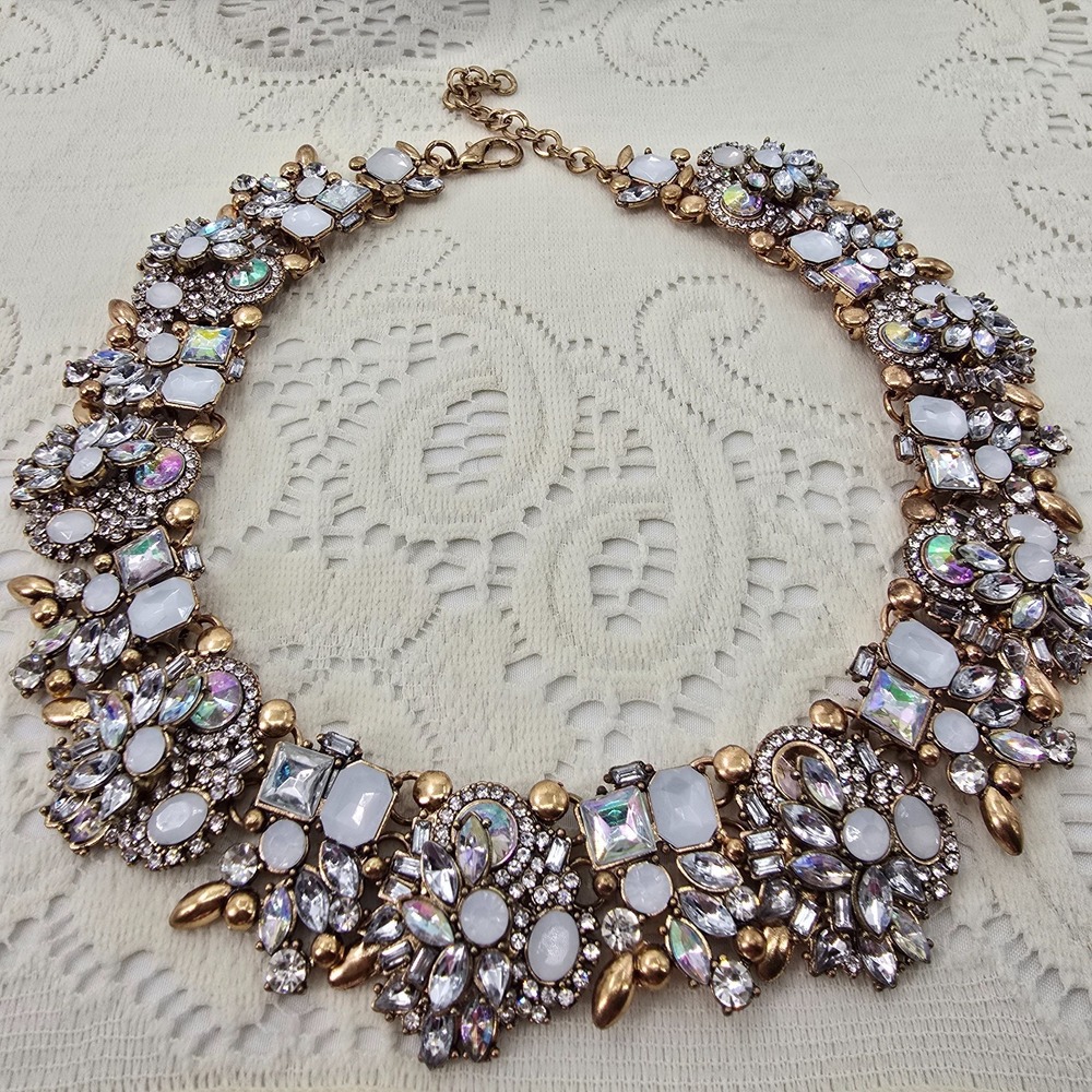 Vintage AB Rhinestone And Faux Opal Collar Choker Necklace Wedding Event